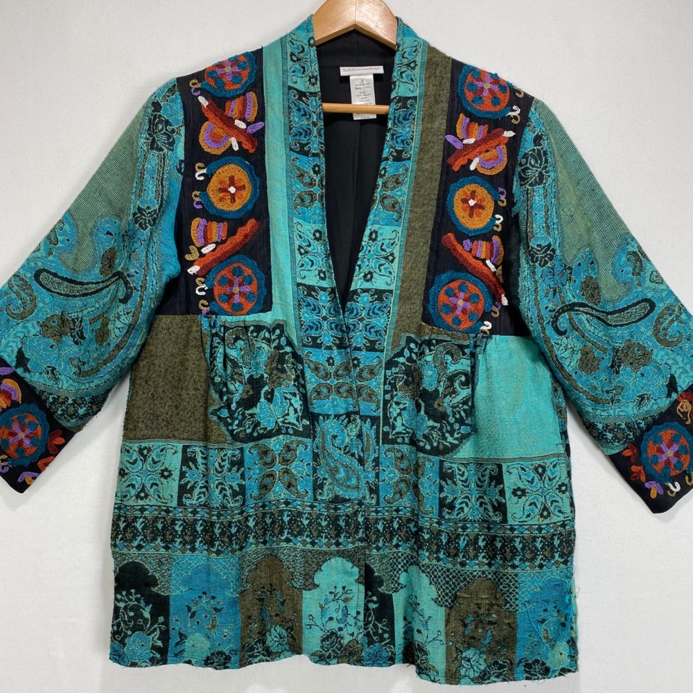 Soft Surroundings‎ Kimono Jacket Teal Blue Paisley Print Women's S Silk Rayon